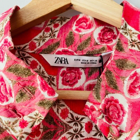 New Zara Linen Floral Button Down Size Medium Midi Dress - Picture 9 of 10